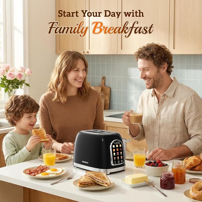 RONGBEST Retro 2 Slice Toaster with Stainless Steel Wide Slot Touch Screen for Family Breakfast, 6 Browning Levels, Reheat & Defrost Bagel and Bread, Removable Crumb Tray, Jet Black