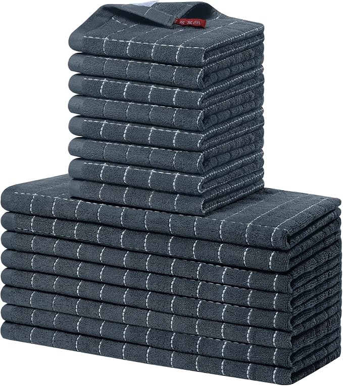 Homaxy Kitchen Towels and Dishcloths Set, Set of 16, Dark Grey | Bulk Cotton Terry Kitchen Towels, Checkered Designed, Soft and Super Absorbent Dish Towels, 12 x 12 and 13 x 28 Inches