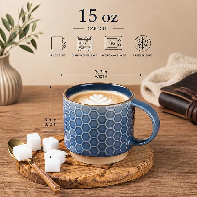 GBhome 15 OZ Stackable Coffee Mugs Set of 4, Ceramic Coffee Cups Set | 4 Assorted Designs, Embossed Mugs with Texture Patterns for Tea/Coffee, Dishwasher&Microwave Safe, Blue