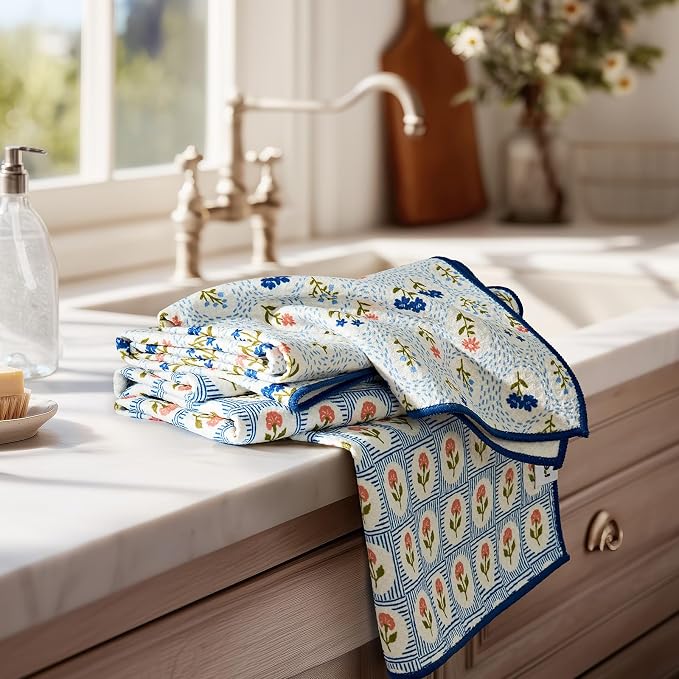 RECYCO Waffle Kitchen Towel Set of 2 - Quick Dry Microfiber Sustainable Dish Towels - Ultra Absorbent Reusable Cleaning Tea Towels - Lightweight Hand Towels,16”x 28”, Bloom Tiles