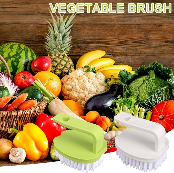 2pcs Vegetable Scrubber Brush, 3.15x2.76x2.56in/8x7x6.5cm PP Material Fruit and Vegetable Brush with Stiff Bristles and Handle for Fruits Potatoes Carrots Food(White & Green)