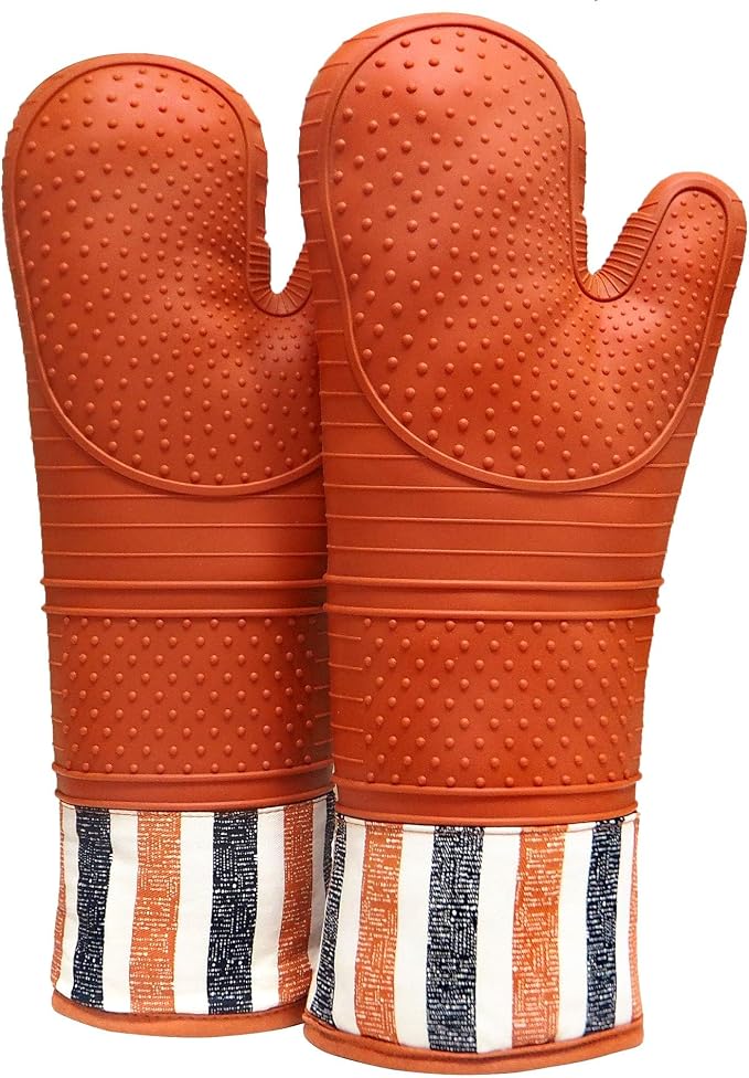 Heat Resistant 550 Degree Oven mitt, Silicone Oven Hot Mitts - 1 Pair | Extra Long Professional Baking Oven Gloves - Food Safe,Pot Holders Cooking,Grilling,Kitchen (Tangerine Mittens)