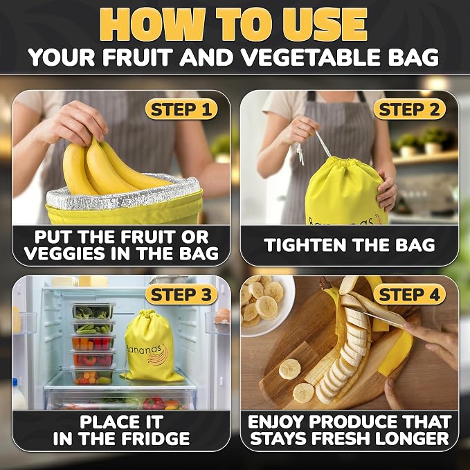 Banana Bag to Keep Bananas Fresh for Longer, Aluminum-Lined Storage | 13.8 x 10.6 In Nylon Storage Keeper Slows Ripening - a Reusable Produce Saver for Fruits and Veggies, on Counters or Travel