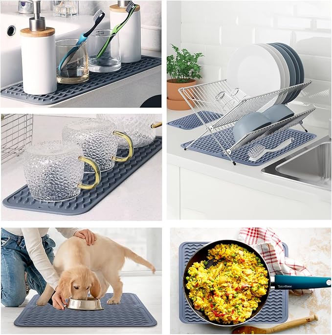 Silicone Dish Drying Mat - 2 Packs of Non-Slip Silicone Mat Easy Clean Drying Mat Large Heat-Resistant Dish Drainer Mat for Kitchen Counter, Sink, Refrigerator or Drawer Liner(16"x12", 12''x 6'' GREY)