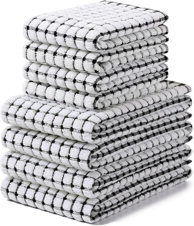 Homaxy Kitchen Towels and Dishcloths Set, Set of 8, Black | Cotton Terry Kitchen Dish Towels, Super Soft and Absorbent Dish Cloths, 16 x 25 and 12 x 12 Inches