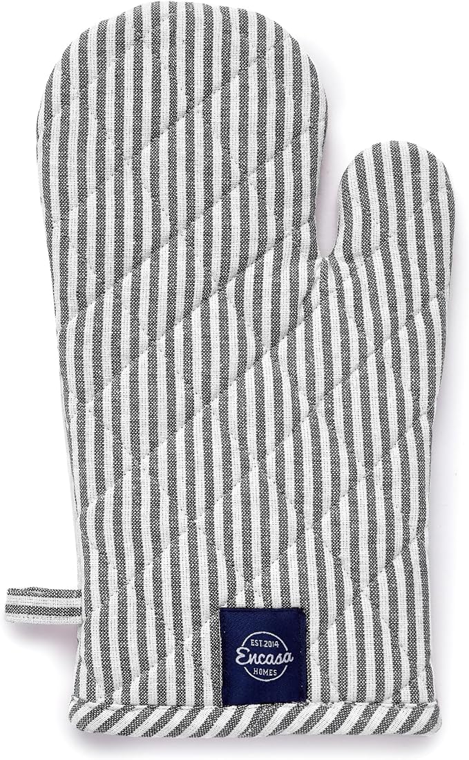 Encasa XO Oven Mitts, Heat Resistant Kitchen Gloves, Microwave | Ticking Black, 100% Cotton | Diamond Quilted Insulation | Pot Holders | Hanging Loop | Barbecue & Grill | Set of 2