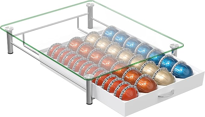 Deco Brothers Tempered Glass Vertuo Pod Holder, Fits 28 Large/56 Small Pods | Compatible with Nespresso Capsule, White