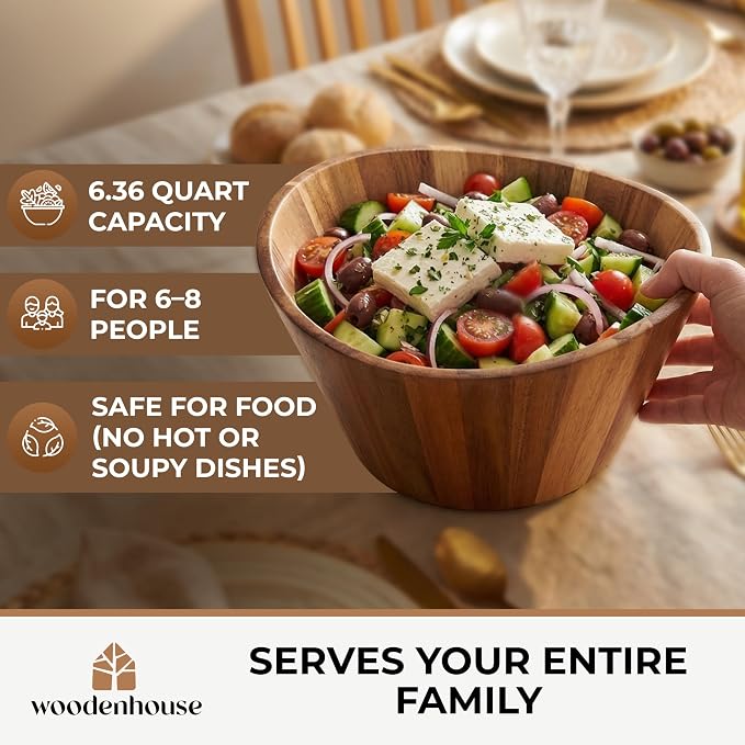Extra Large Wooden Salad Bowl, Acacia 12" Multi-Purpose Serving Fruit Bowl | Durable wavy handmade design; 6.36 qt; doubles for home decor, storage, candy or yarn on the kitchen counter