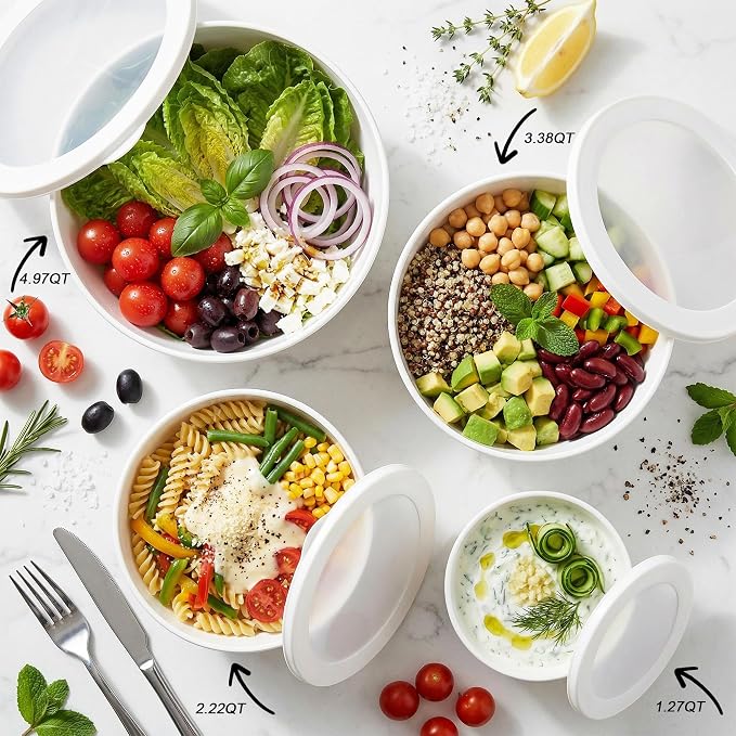 BoxedHome Plastic Mixing Bowls with Lids Set,4.97QT Large Capacity Deep Nesting Bowl,8 Pieces Set BPA-Free Prep Bowls,Dishwasher & Microwave Safe,Beige