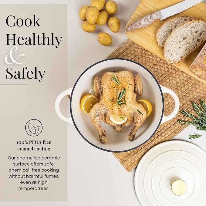 Cast Iron Pot with Lid-Non-Stick Ovenproof Enamelled Casserole Pot, Oven Safe up to 500° F-Sturdy Dutch Oven Cookware - Cream, 5-Quart, 24cm-by Nuovva