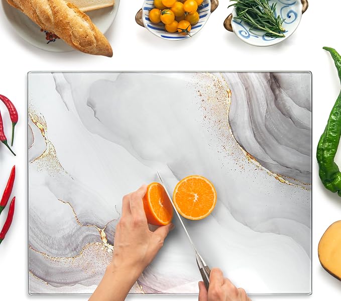 Glass Cutting Board 20”x16”: Tempered Glass Kitchen Counter Protector - Durable- Scratch-Resistant, Heat-Proof - Design 7 - White & Gold