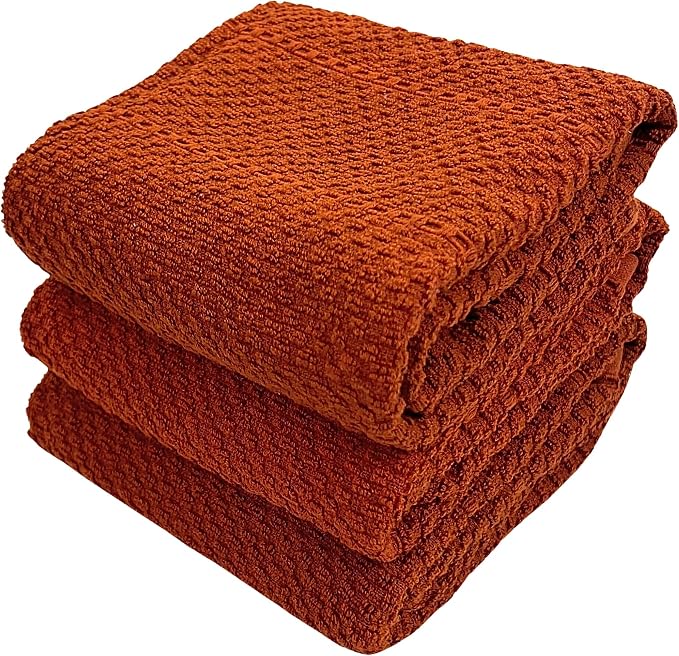 Cinnamon Maroon Rust Kitchen Dish Towels, Set of 3, 100% Cotton, 18" x 28" | Terry Loop Textured, Soft & Absorbent Cleaning Cloth, Quick Dry, Multipurpose for Everyday Use