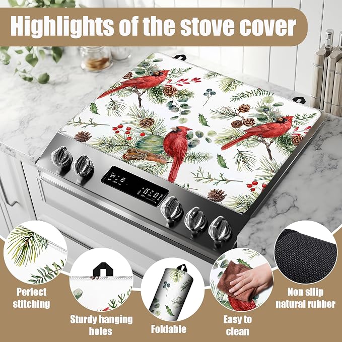 Red Cardinal Stove Top Covers for Electric Stove, Berry Bird Electric Gas Stove Pad Heat Resistant Range Cooktop Protector for Home Decor Kitchen 28"x20"
