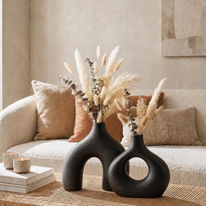 Black Ceramic Flower Vase Home Decor Set of 2, Farmhouse Table Vases Rustic Vintage Living Room Kitchen Bedroom Decorations for House Book Shelf Office Coffee Desk Dining Fireplace