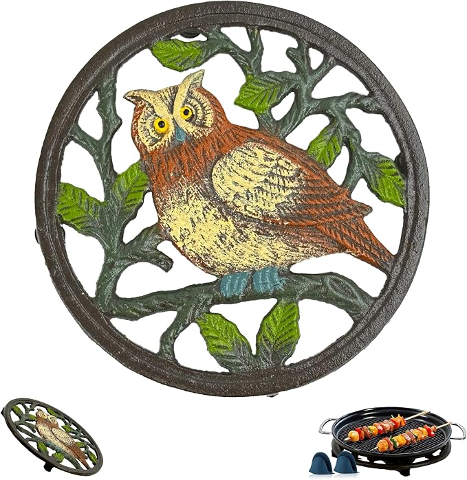 Cast Iron Decorative Trivet for Hot Dishes, Owl Metal Trivet for Hot Pots and Pans with Heat-Resistant Design, Rustic Trivets for Kitchen & Dining