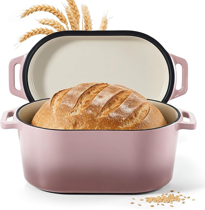 Dutch Oven for Bread Baking, 3.4 QT Bread Dutch Oven for Sourdough,Enamelled Cast Iron Bread Oven with Lids, Heavy-Duty Non Stick Sourdough Loaf Pan, Meatloaf Pan, Pink