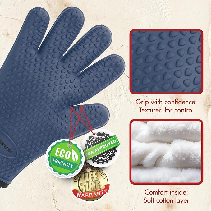 KITCHEN PERFECTION Silicone Pizza Oven Gloves - Heat Resistant Oven Mitts | Waterproof, 5-Finger Design For A Better Grip, for Outdoor & Indoor Pizza Ovens, Compatible with Ooni, Ninja, Gozney & More