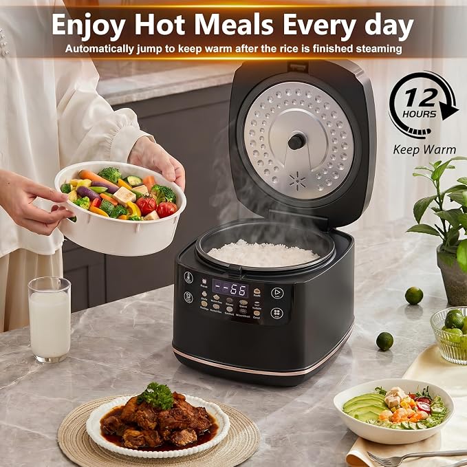 Portable Digital Rice Cooker, 6-Cup (Uncooked)/12-Cup (Cooked) Small Rice Maker with Steaming Basket, Mini Rice Cooker with 2L Removable Nonstick Inner Pot, 10 Menu Options, Auto Keep Warm, 24 Hour Delay Timer (Black)