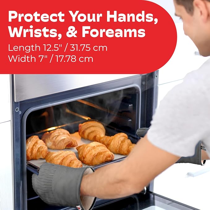 Silicone Oven Mitts - Gray Set of 2-12.5" - Heat Resistant to 536 F / 280 C Kitchen Gloves - Professional Grade Protection Hot Cooking Baking