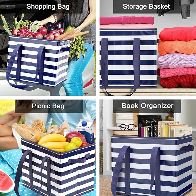 Reusable Grocery Bags 3 Pack, Foldable & Water Resistant Shopping Bags | Large Grocery Tote Bag Water Resistant Shopping Bags Foldable Grocery Bag for Clothes,Shoes and Picnic
