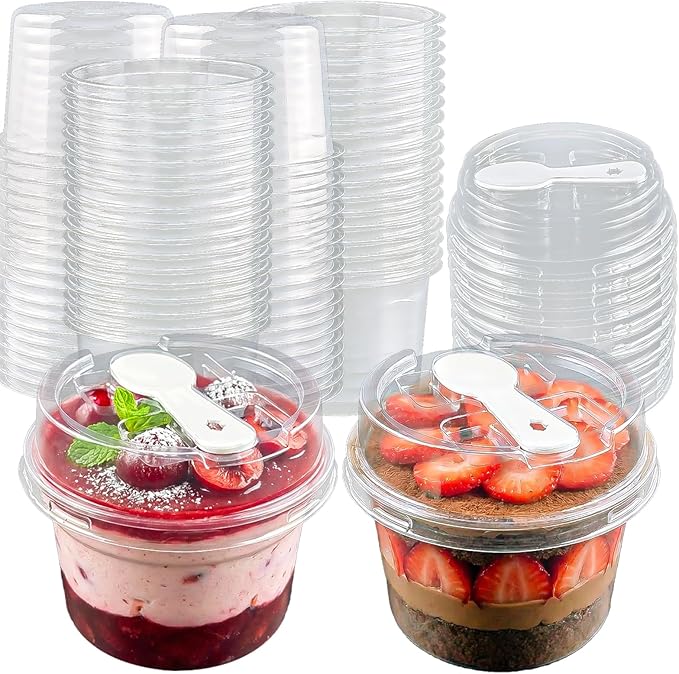 50 Pack 8 oz Plastic Dessert Cups with Lids and Spoons, | Banana Pudding Cups with Lids Mini Dessert Shooters for Party Individual Yogurt Parfait Jello Fruit Trifle