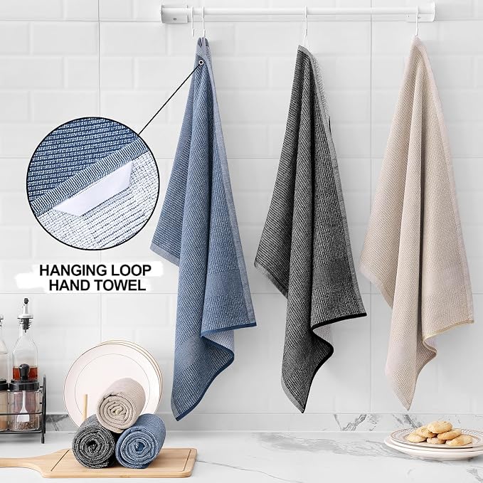 Homaxy 380 GSM Cotton Premium Kitchen Towels 6 Pack, 18"x 28", Mix | Flat and Terry Dish Towels, Highly Absorbent Tea Towel Set with Hanging Loop, Soft Kitchen Hand Towels, Navy/Khaki/Black