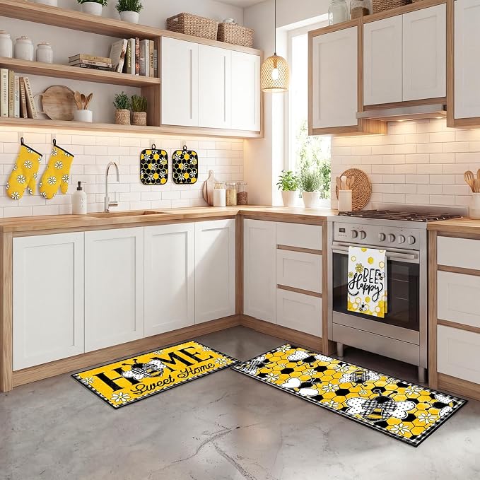 10 Pcs Kitchen Decor and Accessories Set, Bee Farmhouse | Honey Daisy Summer 4 Dish Towels Kitchen Rugs 2 Oven Mitts 2 Pot Holders, Home Decor for Cooking Baking BBQ Housewarming