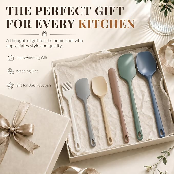 Astercook 6-Piece Silicone Spatula Set, 560°F Heat Resistant Rubber Spatulas with Stainless Steel Core, Nonstick Safe & Dishwasher Safe Baking Spatula Set for Cooking & Mixing, Morandi Earth Colors