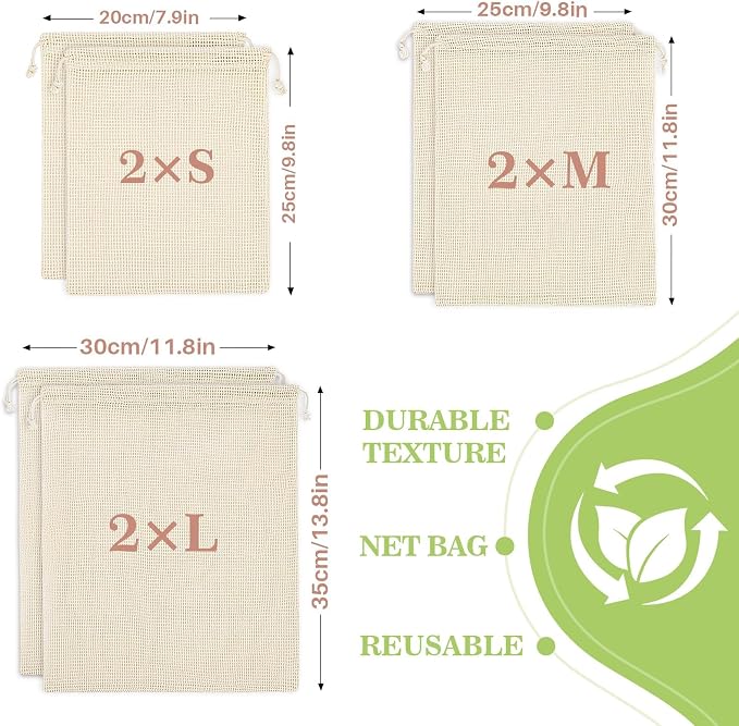 MAQIHAN Reusable Cotton Mesh Produce Bags - 6 Pack Mesh Storage Produce Bag | Durable Double Stitched Bags with Drawstring for Vegetables, Fruit and Grocery Shopping, 2L, 2M and 2S