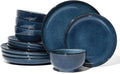 Stoneware Dinnerware Sets Service for 4, 12 pcs Reactive Glaze Plates and Bowls Sets, Handmade Ceramic Dish Set, Highly Chip and Crack Resistant Modern Plate Set, Starry Blue