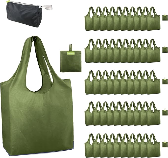 BeeGreen Green Reusable Grocery Bags Wholesale Moss Green Reusable Kitchen Bags Bulk Foldable-Machine Washable with Zipper Storage Pouch 50 Packs