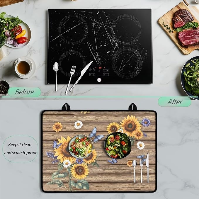 Sunflower Wood Multi-Purpose Stove Top Cover Silicone Thermal Mat for Electric Stove(30"x21") Scratch Resistant Glass Cooktop Protector & Dish Drying Mat