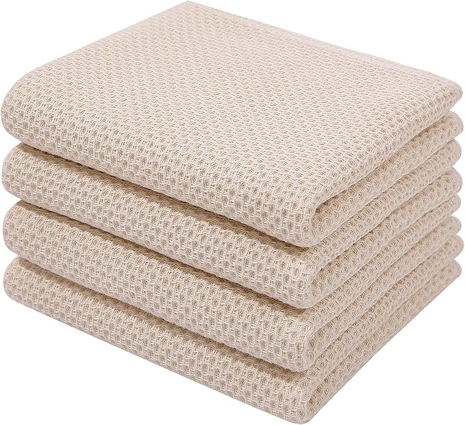 Homaxy 100% Cotton Waffle Weave Kitchen Dish Towels 4-Pack, Beige | 13 x 28 Inches, Ultra Soft Absorbent Dish Towels, Quick Drying Cleaning Towels