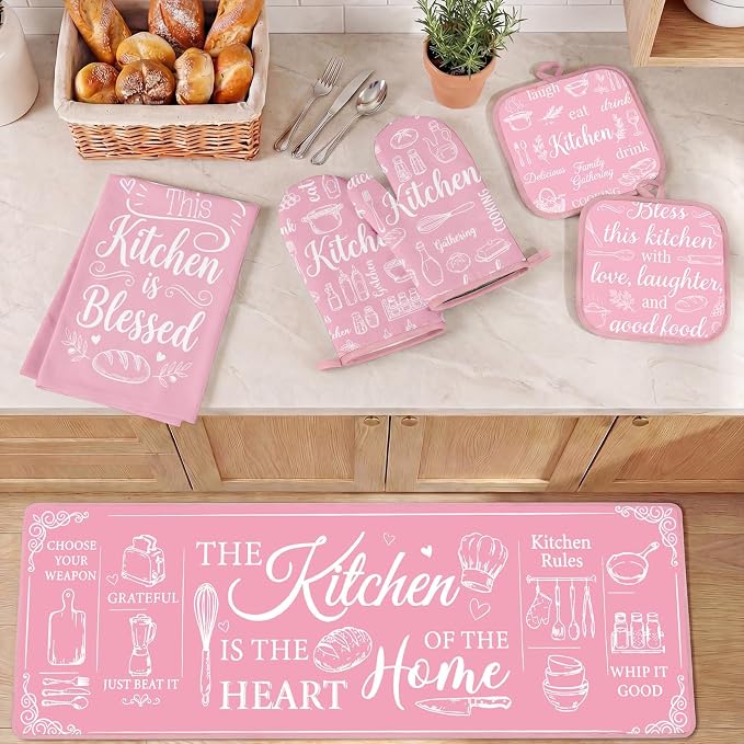 10 Pcs Kitchen Decor and Accessories Set, Pink Retro | Baking Cute Happiness 4 Dish Towels Kitchen Rugs 2 Oven Mitts 2 Pot Holders, Home Decor for Cooking Baking BBQ Housewarming