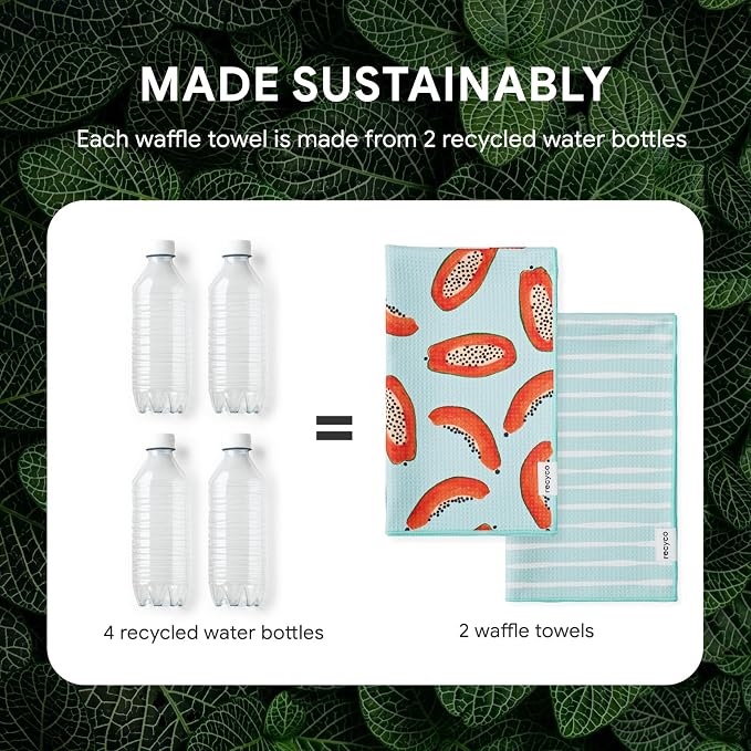 RECYCO Waffle Kitchen Towel Set of 2 - Quick Dry Microfiber Sustainable Dish Towels - Ultra Absorbent Reusable Cleaning Tea Towels - Lightweight Hand Towels,16”x 28”, Papaya Joy