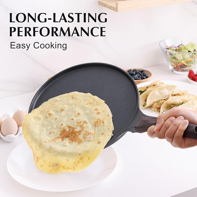 SENSARTE 10 Inch Nonstick Crepe Pan Granite Coating Pancake Pan Black | Swiss Granite Coating Dosa Pan Pancake Flat Skillet Tawa Griddle with Stay-Cool Handle, Induction Compatible