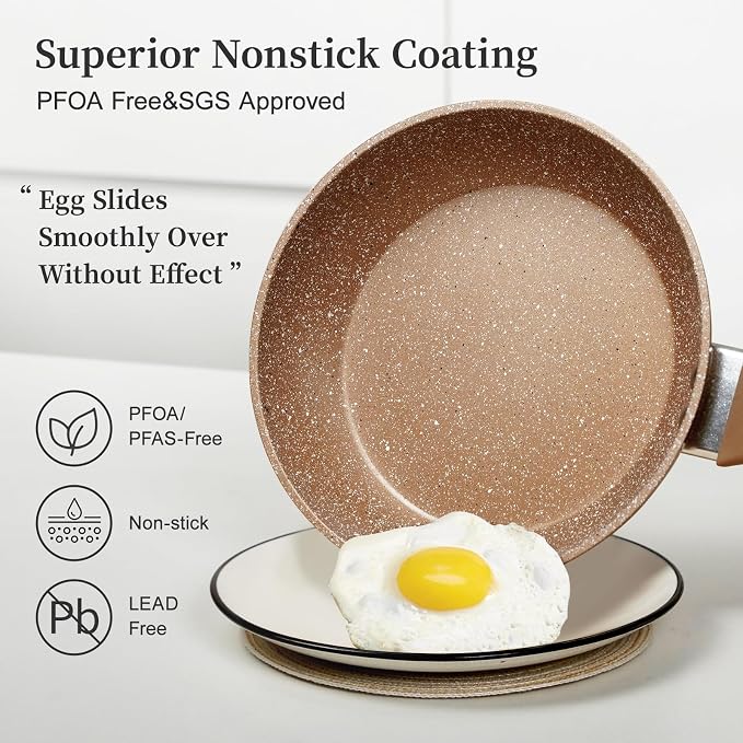 Innerwell Nonstick Ceramic Frying Pans Skillets Set with Lid 8"+9.5"+11" | No Toxic Egg Omelette Frying Pan Set, All Stove Compatible, Healthy Granite Induction Cooking Pan, PFOA & PFAS Free, Gold