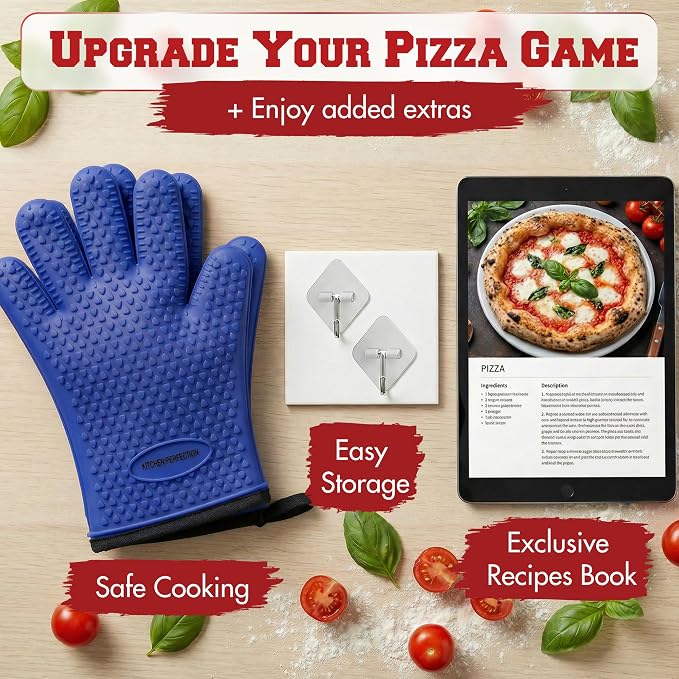 KITCHEN PERFECTION XL Silicone Pizza Oven Gloves Heat Resistant Oven Mitts | Waterproof, 5-Finger Design For A Better Grip, for Outdoor & Indoor Pizza Ovens, Compatible with Ooni, Ninja, Gozney & More
