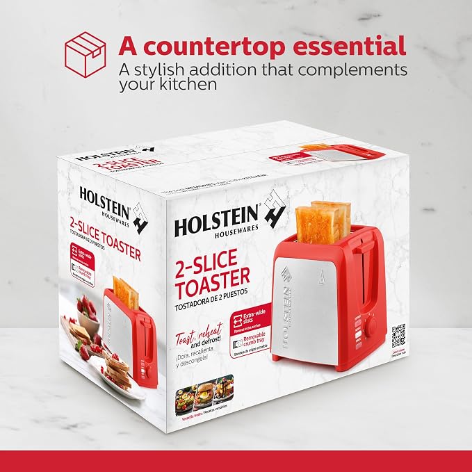 Holstein Housewares 2-Slice Toaster with 7 Browning Settings, Extra-Wide Slots, Reheat, Defrost, Cancel, High-Lift Release, Removable Crumb Tray – Compact Stainless Steel, Red