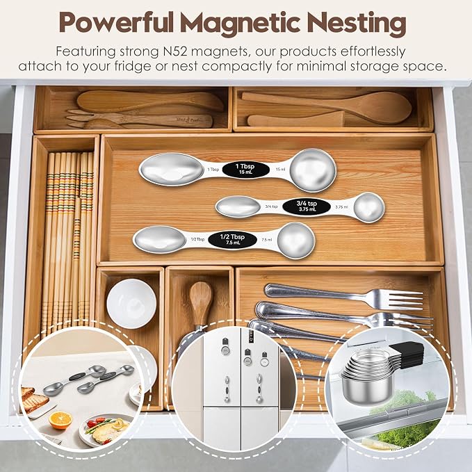 Magnetic Measuring Cups and Spoons Set – 304 Stainless Steel | Dual-Sided Markings | Space-Saving Kitchen Organizer | N52 Magnetic Nesting | 15-Piece with Leveler | Baking & Gift (Black)