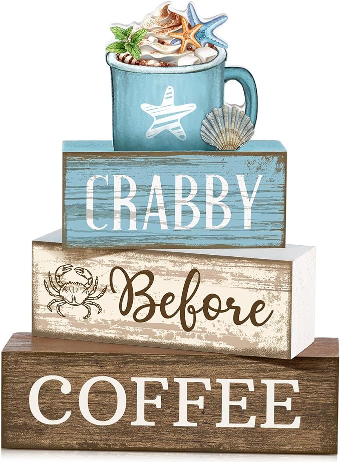 Lineshading 4 Pcs Coffee Beach Decor Wooden Blocks, Coastal Tiered Tray | Stackable Farmhouse Signs, Blue White Summer Decoration, Rustic Wooden Blocks for Coffee Bar, Home Tabletop