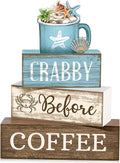 Lineshading 4 Pcs Coffee Beach Decor Wooden Blocks, Coastal Tiered Tray | Stackable Farmhouse Signs, Blue White Summer Decoration, Rustic Wooden Blocks for Coffee Bar, Home Tabletop