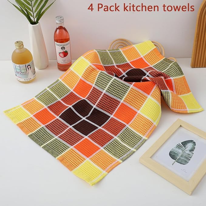 Bright Large Kitchen Towels, 4-Pack, 16 Inch x 26 Inch Buffalo Check Dish Towels for Washing Drying Dishes, Colorful Waffle Design Tea Towel Bar Towel (Orange)