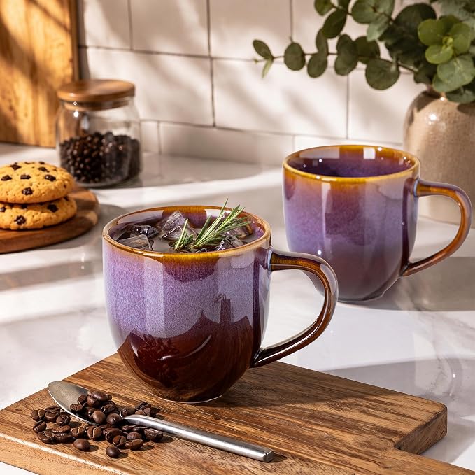 theterra Ceramic Coffee Mugs Set of 6, 12 oz Coffee Cups with Handle | Handmade, Suitable for Latte, Tea, Milk, Beer & Hot Cocoa, Amber Amethyst