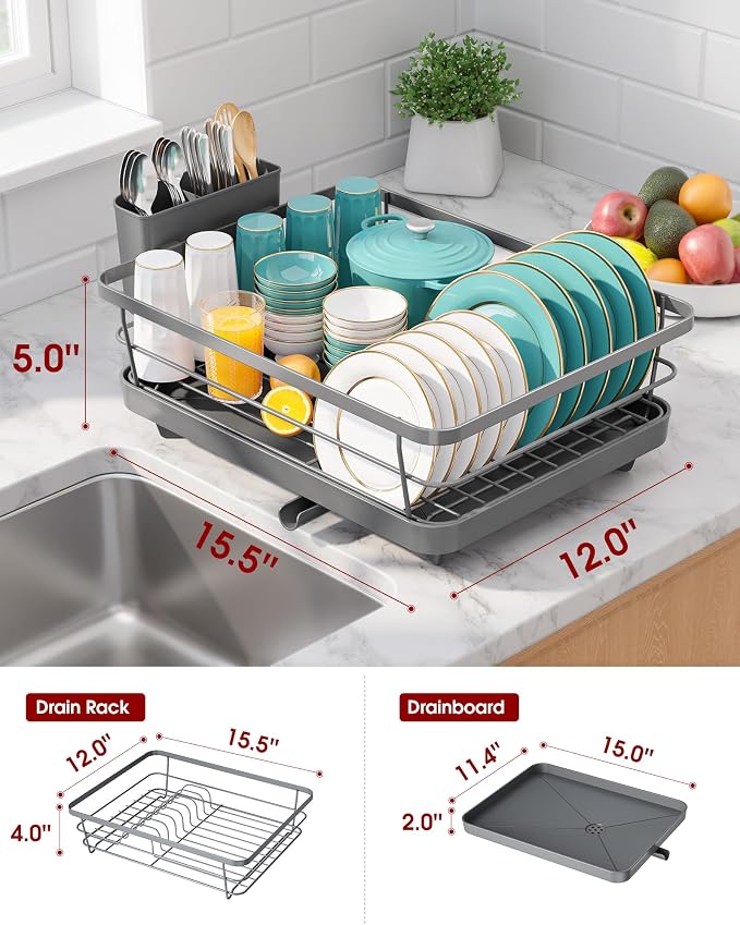 Sakugi Dish Drying Rack - Stainless Steel Dish Rack with Drainboard for Kitchen Counter and Sink, 15.6" D x 12" W x 5" H, Grey