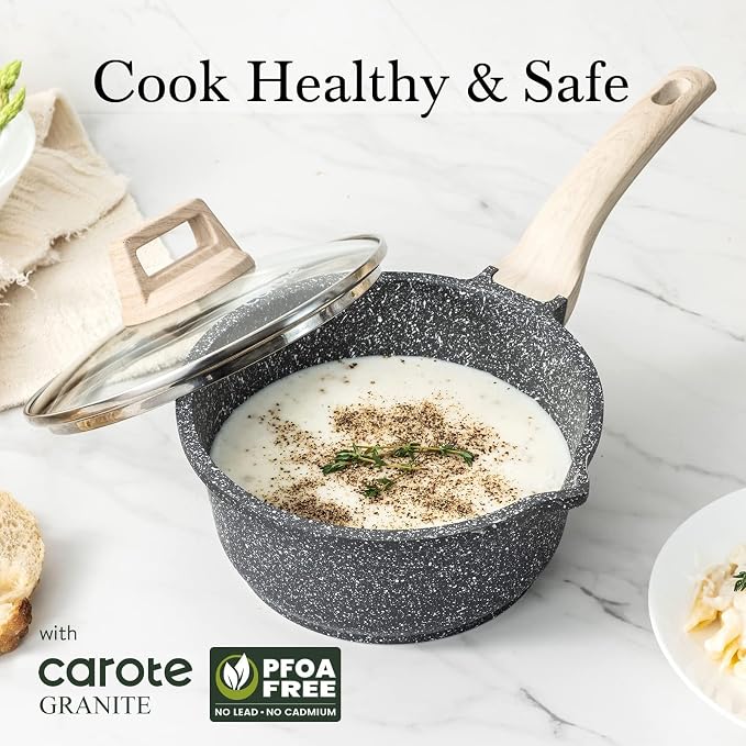 CAROTE Nonstick 1.5Qt & 3.0Qt Sauce Pan Sets with Lid, Black | Kitchen Non Toxic Cookware with Stay-cool Handle, All Stovetops Compatible, Dishwasher Safe, PFOA Free