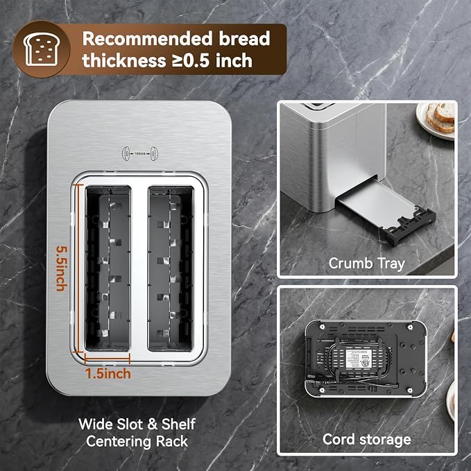 Mecity 2 Slice Smart Touchscreen Toaster, Stainless Steel Wide Slot Toasters with Auto Lift & 30-Minute Warm, Memory Function, Defrost & Auto Shutoff, Digital Electric Bread Toaster for Bagels