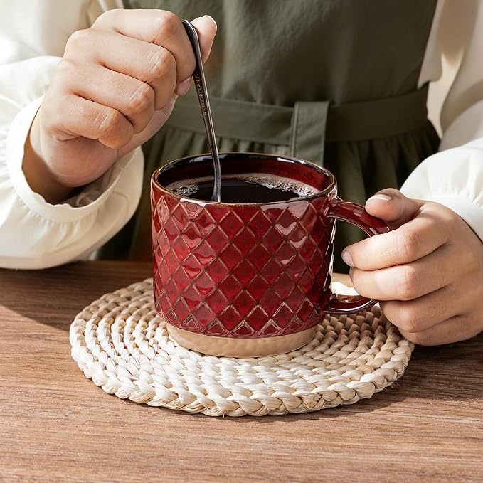 GBhome 15 OZ Stackable Coffee Mugs Set of 4, Ceramic Coffee Cups Set | 4 Assorted Designs, Embossed Mugs with Texture Patterns for Tea/Coffee, Dishwasher&Microwave Safe, Burgundy