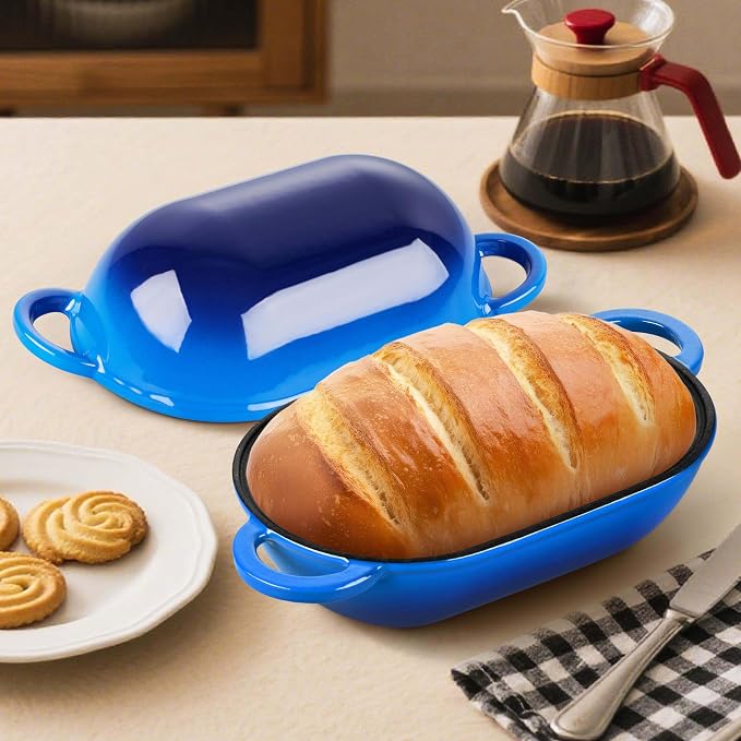 Homikit Enameled Cast Iron Dutch Oven for Bread Baking, 2.8 QT Oval Bread Oven Pot with Lid, 9.5 x 5.7 Inch Sourdough Loaf Baking Pan for Homemade Bread, Heavy Duty & Oven Safe, Blue