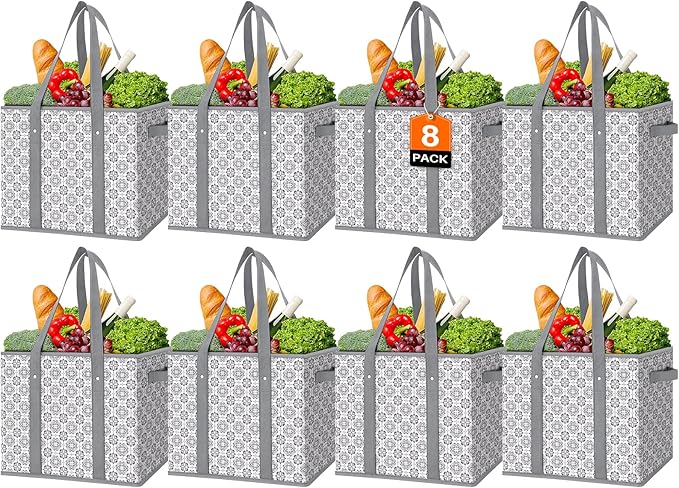Reusable Grocery Bags 8 Pack, Foldable & Water Resistant Shopping Bags | Large Grocery Tote Bag Water Resistant Shopping Bags Foldable Grocery Bag for Clothes,Shoes and Picnic